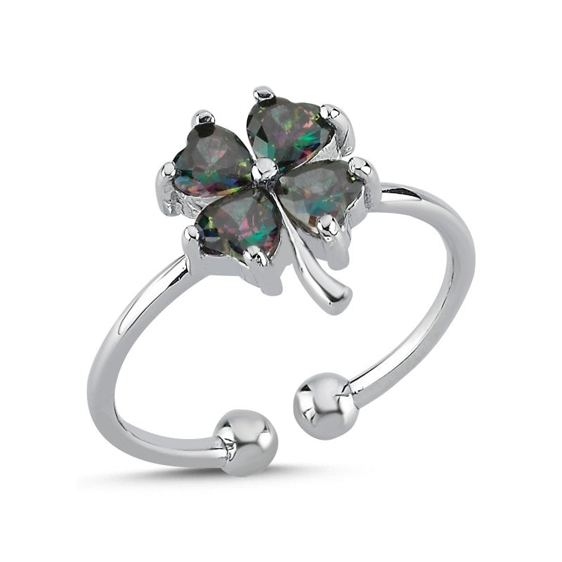 Sterling Silver Rhodium Plated Mystic Topaz Clover Ring