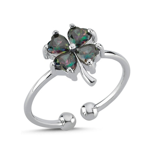 Sterling Silver Rhodium Plated Mystic Topaz Clover Ring