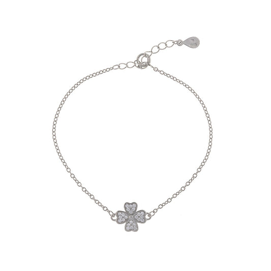 Sterling Silver Rhodium Plated CZ Clover Bracelet