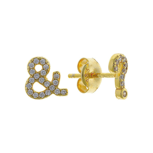 Sterling Silver Gold Plated CZ "& ?" Studs