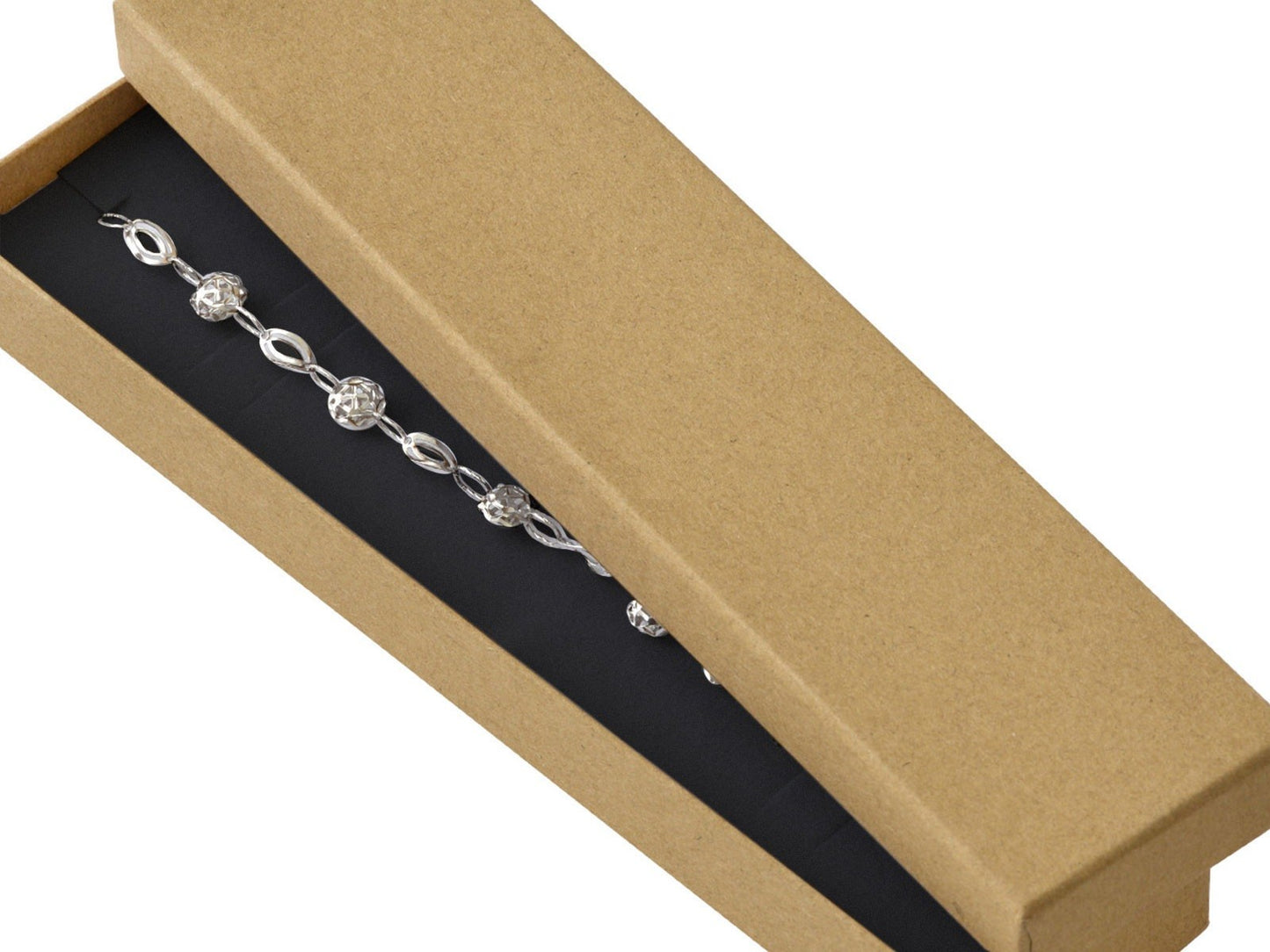 Įvairių spalvų pailgos dėžutės grandinėlėms ar apyrankėms