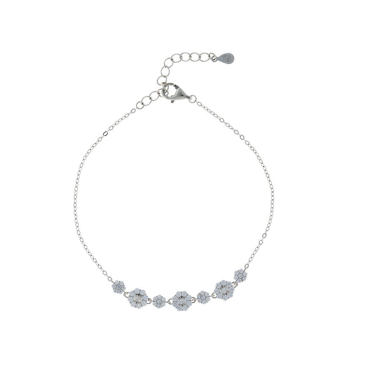 Sterling Silver Rhodium Plated CZ Flower Chain Bracelet