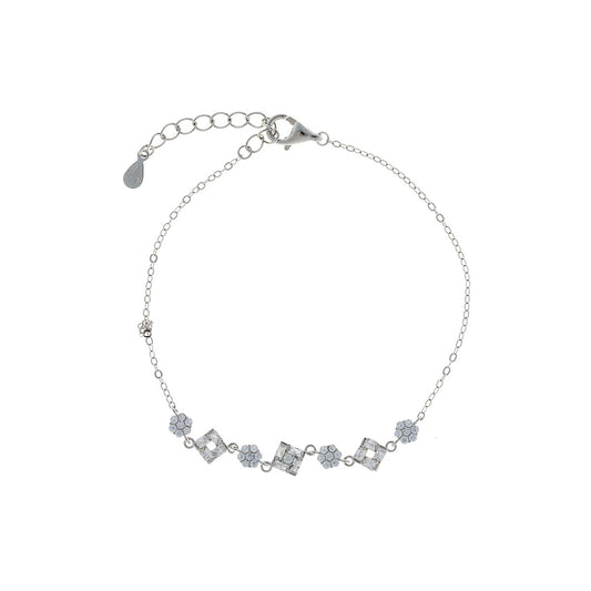 Sterling Silver Rhodium Plated CZ Rhombus & Flowers Bracelet