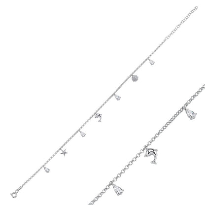 Sterling Silver Rhodium Plated CZ Crystal Dolphin Anklet