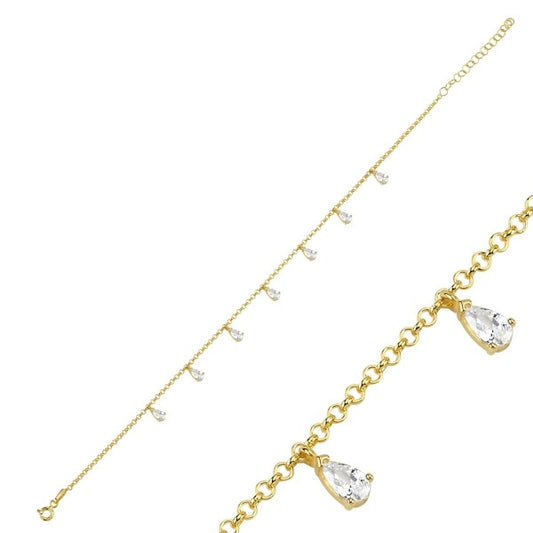 Sterling Silver Gold Plated Teardrop CZ Anklet