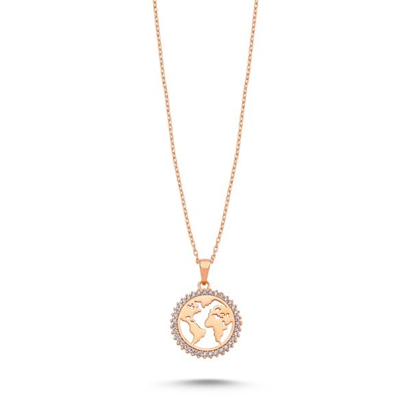 Sterling Silver Rose Gold Plated World Map Necklace