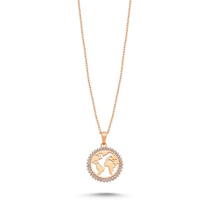 Sterling Silver Rose Gold Plated World Map Necklace