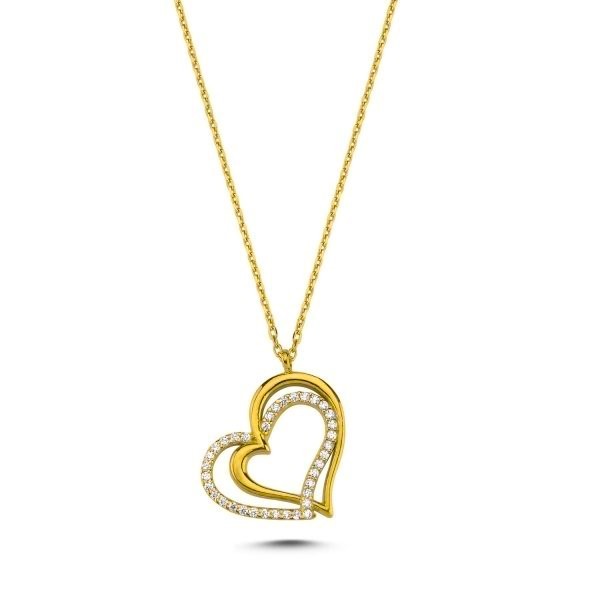 Sterling Silver Gold Plated CZ Heart Pendant Necklace