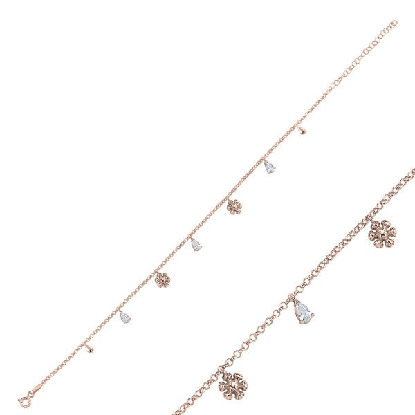 Sterling Silver Rose Gold Plated Snowflake Anklet