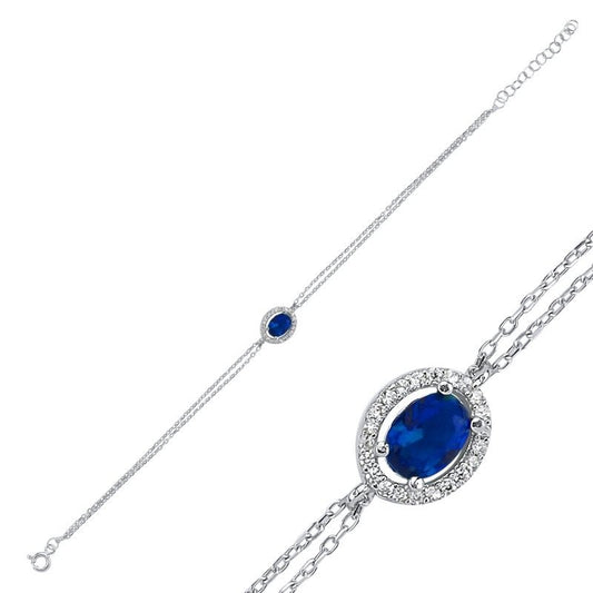 Sterling Silver Rhodium Plated Oval Royal Blue CZ Bracelet