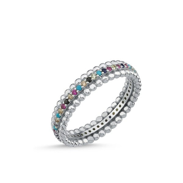 Sterling Silver Rhodium Plated Rainbow CZ Band Ring