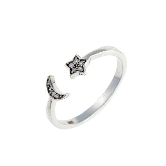 Sterling Silver Rhodium Plated CZ Moon & Star Ring