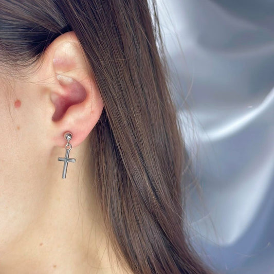 Sterling Silver Rhodium Plated Cross Drop Earrings