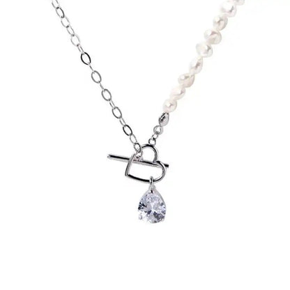 Sterling Silver Rhodium Plated Pearl & CZ Necklace