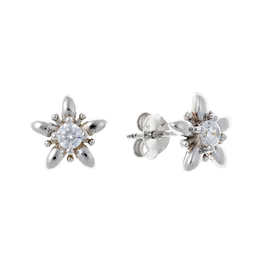 Sterling Silver Rhodium Plated Flower Studs with CZ