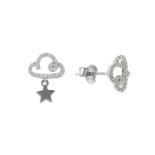 Sterling Silver Rhodium Plated CZ Cloud Stud Earrings