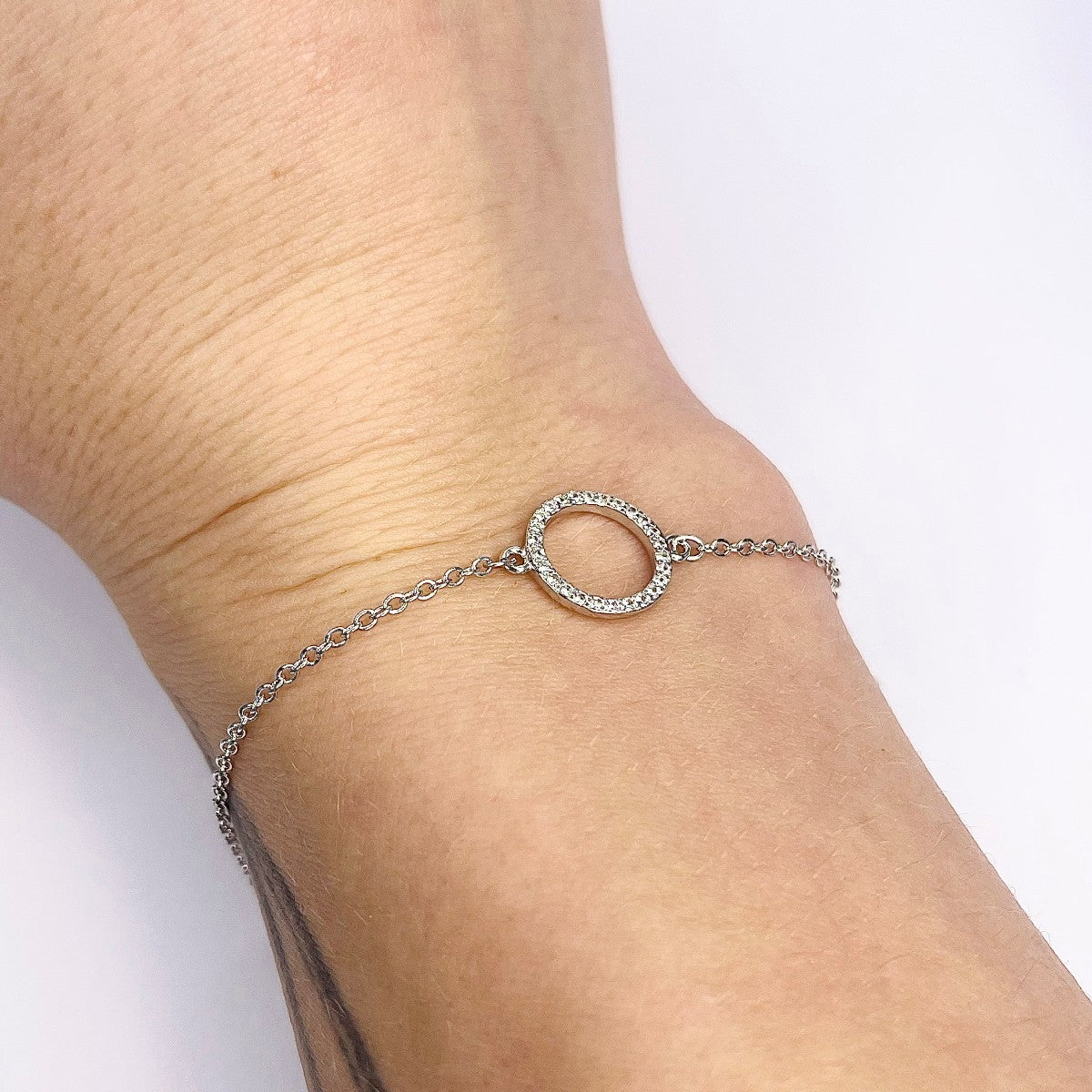 Sterling Silver Rhodium Plated CZ Circle Chain Bracelet