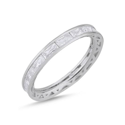 Sterling Silver Rhodium Plated 3 mm Rectangle CZ Band Ring