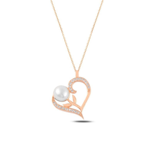 Sterling Silver Rose Gold Plated Pearl Heart Necklace