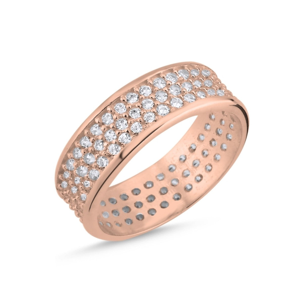 Sterling Silver Rose Gold Plated Three Row CZ Band Ring