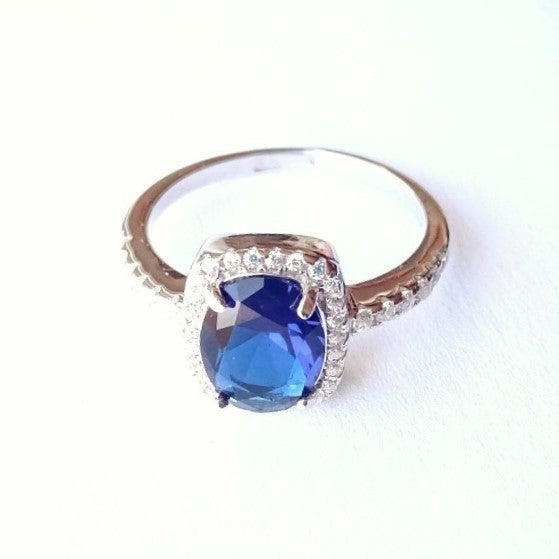 Silver Rhodium Plated Dark Blue CZ Crystal Ring