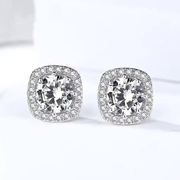 Sterling Silver Rhodium Plated CZ Cluster Square Studs