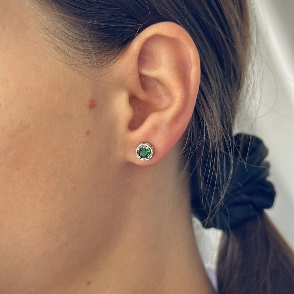 Sterling Silver Rhodium Plated Green CZ Studs