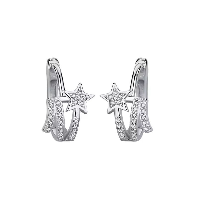 Sterling Silver Rhodium Plated CZ Star Hoops