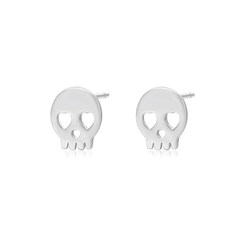 Sterling Silver Skull with Hearts Stud Earrings