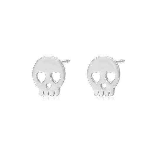Sterling Silver Skull with Hearts Stud Earrings