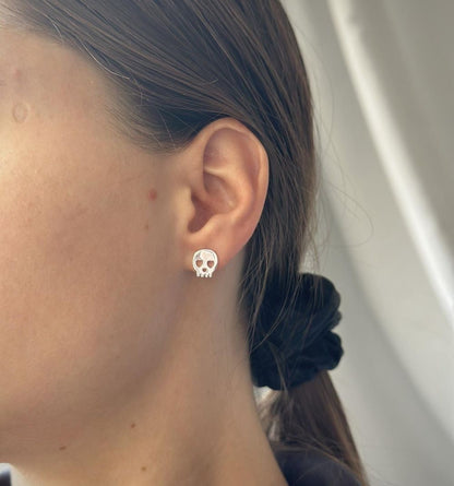 Sterling Silver Skull with Hearts Stud Earrings