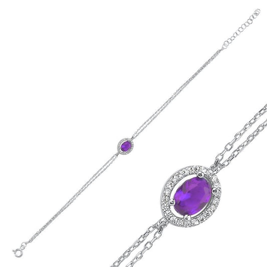 Sterling Silver Rhodium Plated Oval Purple CZ Bracelet