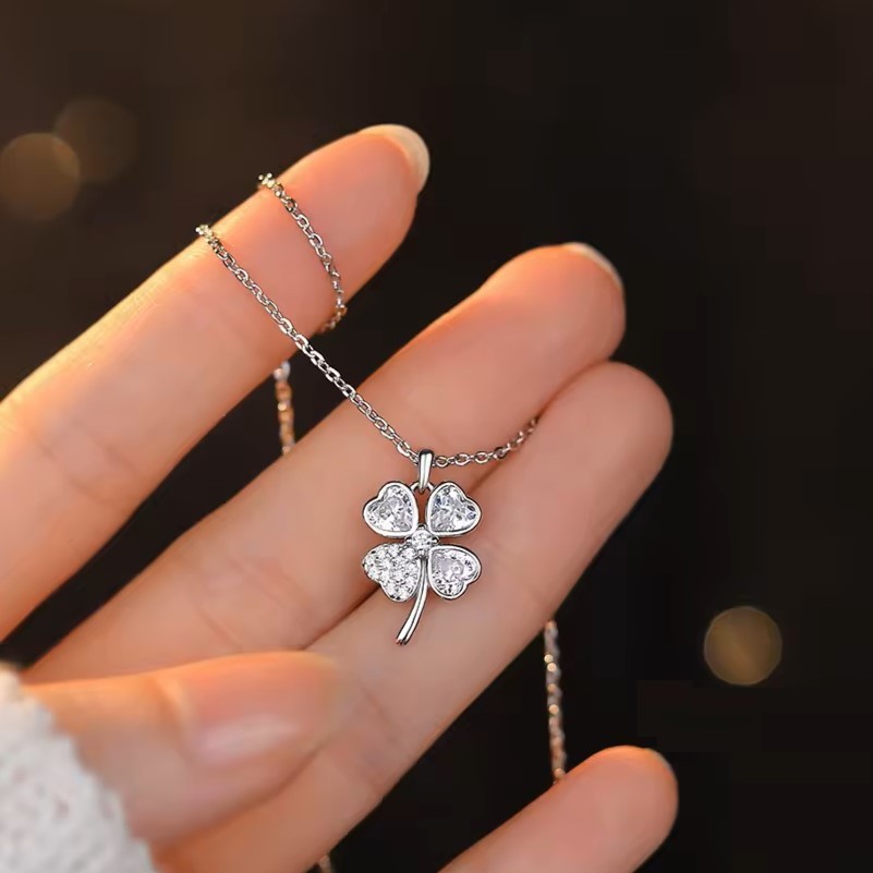 Sterling Silver Rhodium Plated CZ Clover Necklace