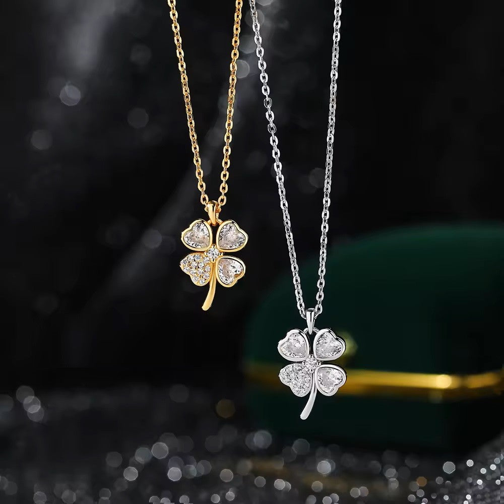 Sterling Silver Rhodium Plated CZ Clover Necklace