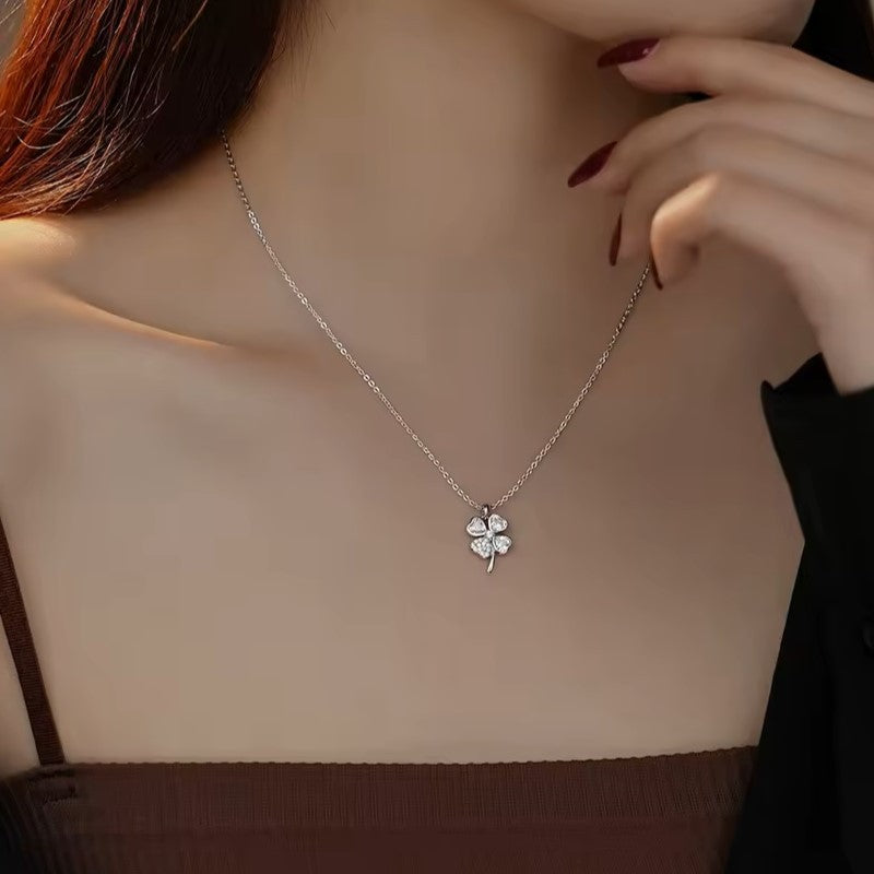 Sterling Silver Rhodium Plated CZ Clover Necklace