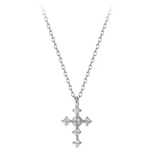 Sterling Silver Rhodium Plated CZ Cross Necklace