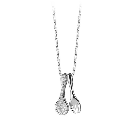 Sterling Silver Rhodium Plated Spoon & Fork Necklace