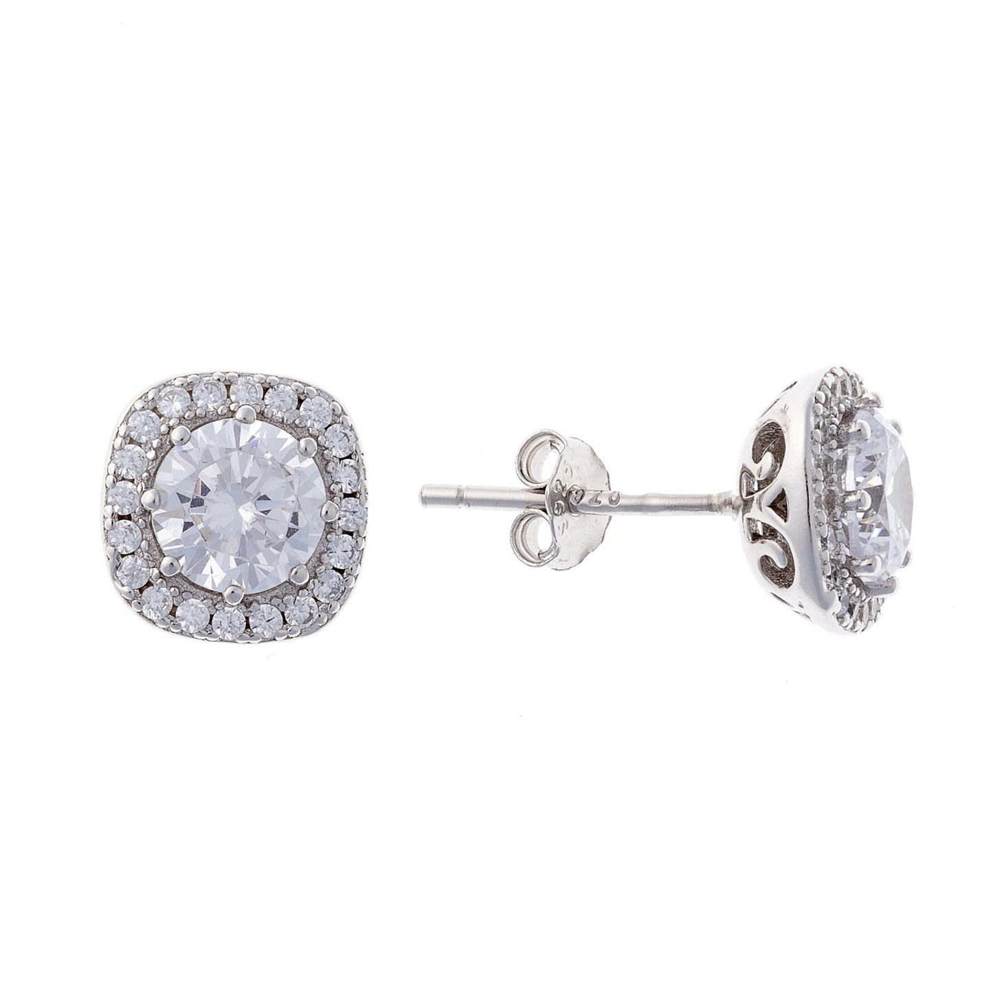 Sterling Silver Rhodium Plated CZ Cluster Square Studs