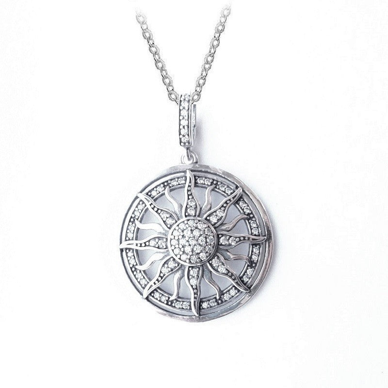 Sterling Silver Rhodium Plated CZ Sun Necklace