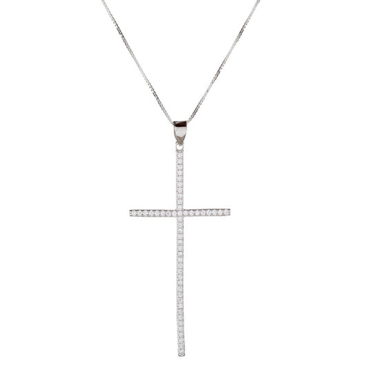 Sterling Silver Rhodium Plated CZ Cross Necklace