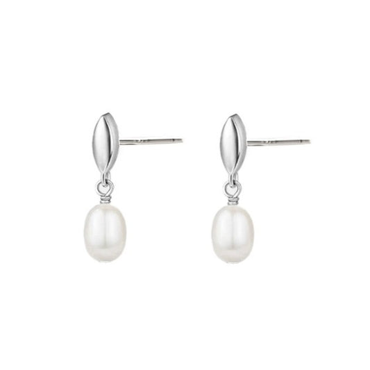 Sterling Silver Rhodium Plated Pearl Drop Earrings