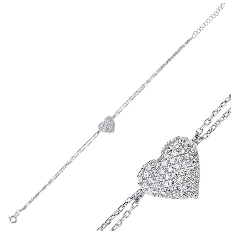 Sterling Silver Rhodium Plated CZ Heart Bracelet