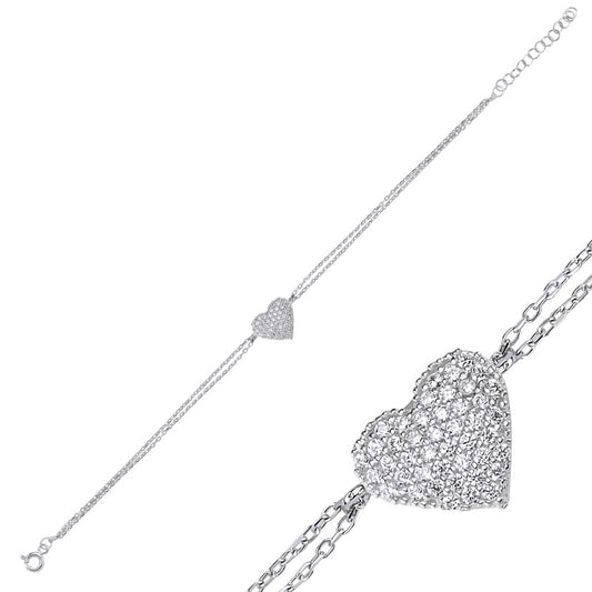 Sterling Silver Rhodium Plated CZ Heart Bracelet