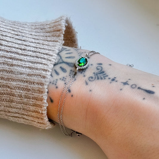 Sterling Silver Rhodium Plated Oval Emerald Green CZ Bracelet