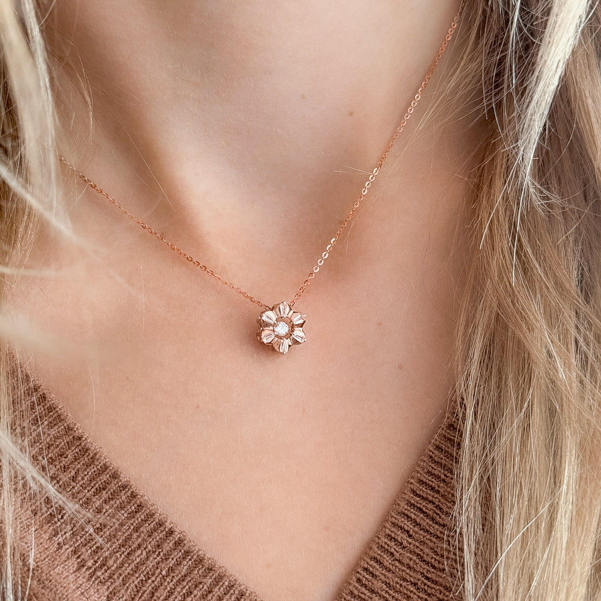 Sterling Silver Rose Gold Plated CZ Flower Necklace