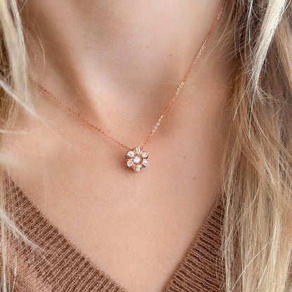Sterling Silver Rose Gold Plated CZ Flower Necklace