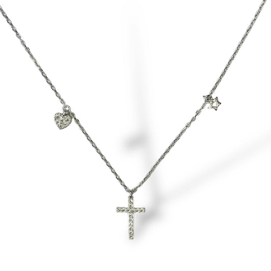 Sterling Silver Rhodium Plated CZ Cross Necklace