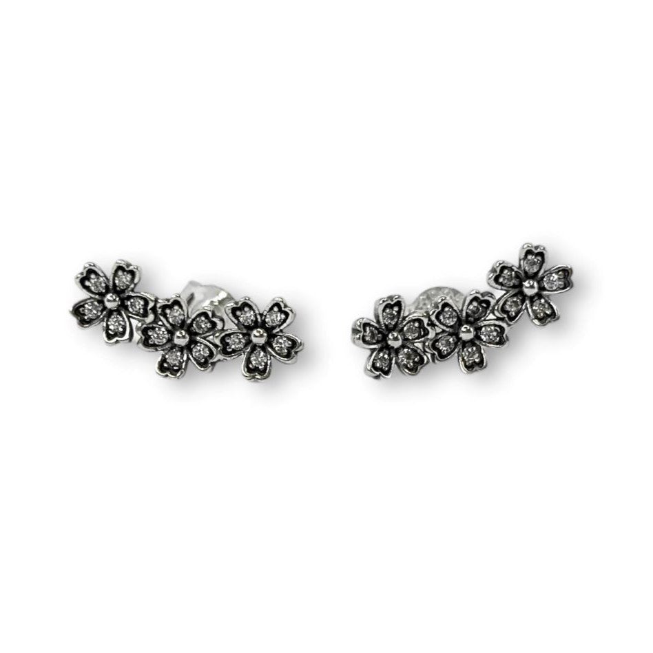 Sterling Silver Rhodium Plated CZ Studs "Flowers"