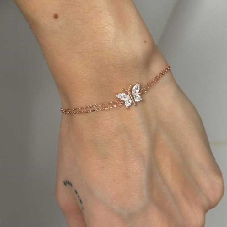 Sterling Silver Rose Gold Plated CZ Butterfly Bracelet