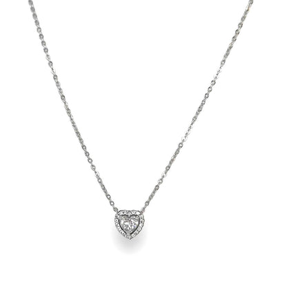 Sterling Silver Rhodium Plated CZ Heart Necklace